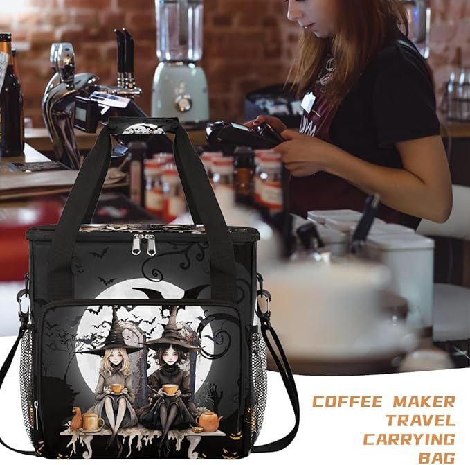 Halloween Witch Bat Moon Coffee Maker Carring Bag Travel Carrying Storage Tote Bag Compatible with Keurig K-Mini or K-Mini Plus Portable Single Serve Coffee Brewer Case with Pockets for K-cup Pods