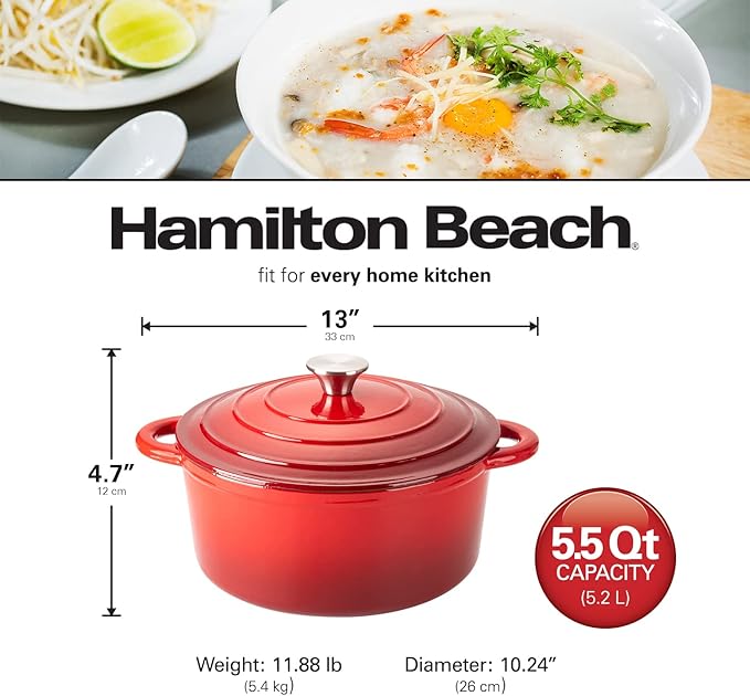 Hamilton Beach Enameled Cast Iron Dutch Oven 5.5-Quart Red Cream Enamel Dutch Oven Pot with Lid