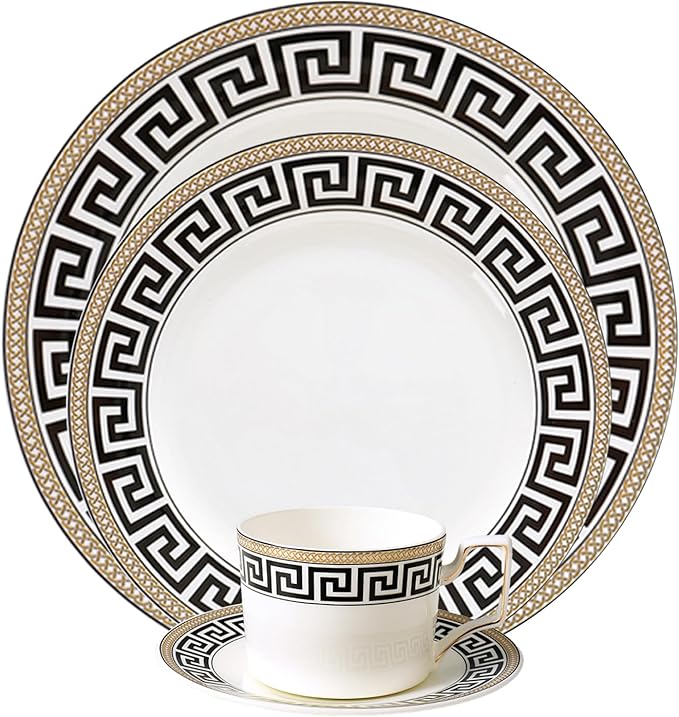 ceramic plate set with gold thread for 6 24 pieces black and gold dinnerware set luxury bone china plate and cup sets for business banquet holiday meal anniversary