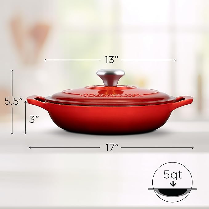 Signature Enameled Cast Iron Braiser Non-Stick Serving Pot with Tight Fitting Lid for Perfect Roasting Baking Sauteing Searing and Pan Frying | 5Q (4.7L) - Red