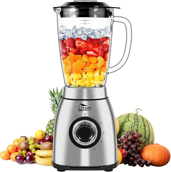 Uten 800 Watt Hight Speed Countertop Blender for Smoothies and Shakes Ground Coffee Beans 60 Oz Glass Jar 5 Speed Settings and Pulse