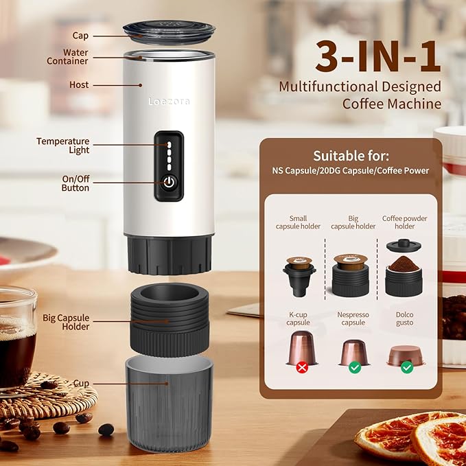 Stainless Steel Portable Espresso Maker – 20Bar 7500mAh Rechargeable 3-in-1 for Nespresso/DG Capsules &amp Ground Coffee Self-Heating Best Value for Camping Car Travel (White)