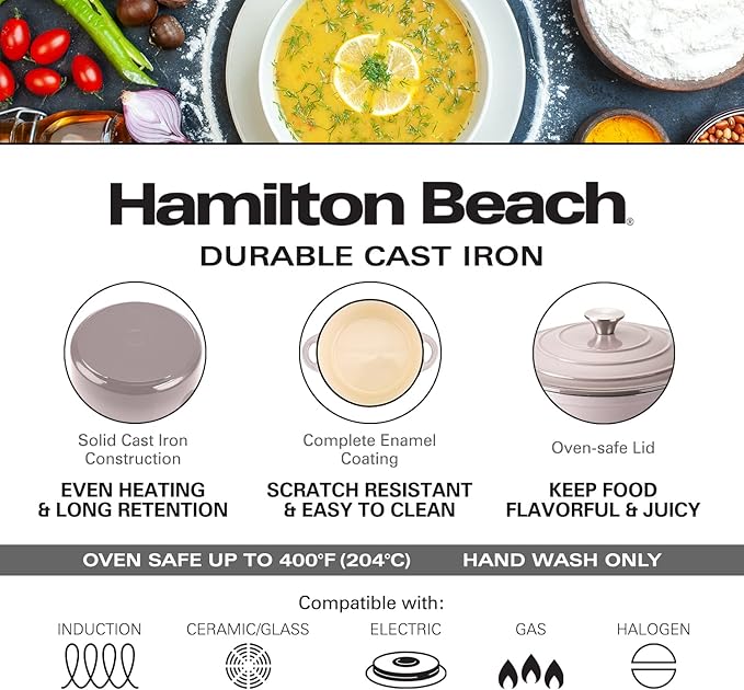 Hamilton Beach 5.5-Quart Enameled Cast Iron Dutch Oven with Lid | Heavy-Duty Pot for Braising Roasting &amp Baking | Gray