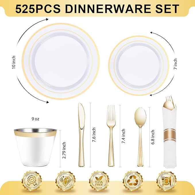 BESTVIP 525PCS Gold Plastic Dinnerware Set for 75 Guests Disposable Plates for Party Include: 150 Plastic Plates 75 Pre Rolled Napkins with Gold Silverware 75 Cups for Christmas Halloween
