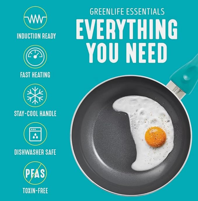 Essentials 12pc Ceramic Nonstick Aluminum Cookware Set Dishwasher Safe Induction Compatible Includes 3 Frying Pans 2 Sauce Pans with Lids Ladle &amp Spoons Caribbean Blue