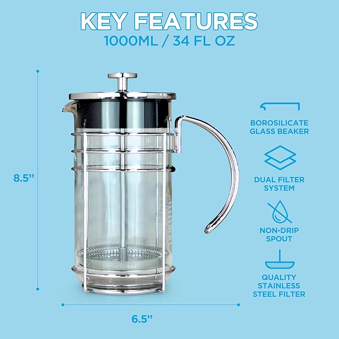 GROSCHE MADRID French Press - Premium Coffee and Tea Maker - 1.0L - 34oz - Borosilicate Glass Beaker - Dual Filter System For Rich Brew - Versatile Brewing | Stainless Steel Filter