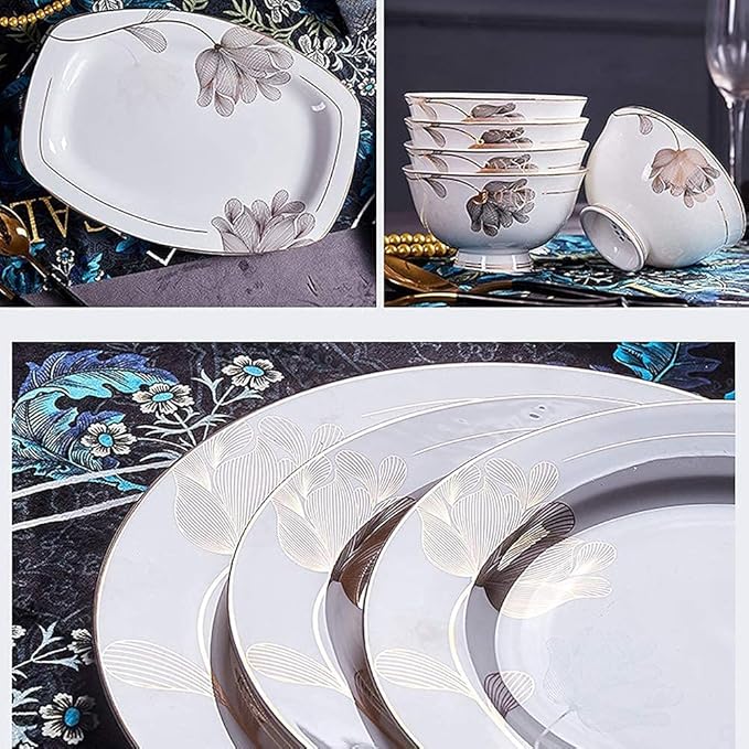 Porcelain Dinnerware Set Line Drawing Petal Decoration Bone China Tableware SetDishes/PlateCeramic DinnerFine China DinnerwareDishwasher Microwave SafeA60 Pieces Serve 10 People