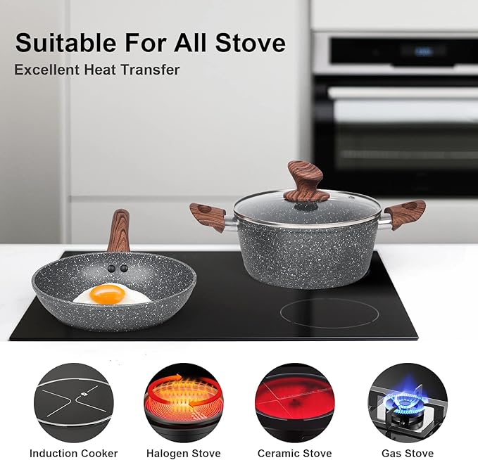 Granite Pots and Pans Set Non Stick 11 Piece Die-Cast Induction Cookware Set Nonstick Kitchen Cooking Set w/Frying Pans &amp Saucepans PFOA Free