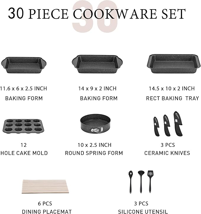 MAISON ARTS 30 Piece Pots and Pans Set Non Stick Kitchen Cookware &amp Bakeware Sets with Nonstick Granite Coating Baking Tray Frying Pan and Saucepan Black