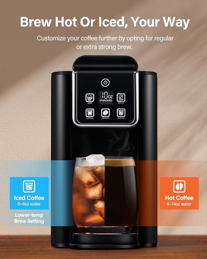 SHARDOR Single Serve Coffee Maker 2.0 Hot and Iced Coffee Machine for K Cup Pods &amp Ground Coffee 6 to 14 oz Brew Sizes 50 oz Removable Water Tank Bold Brew Setting Stainless Steel Black