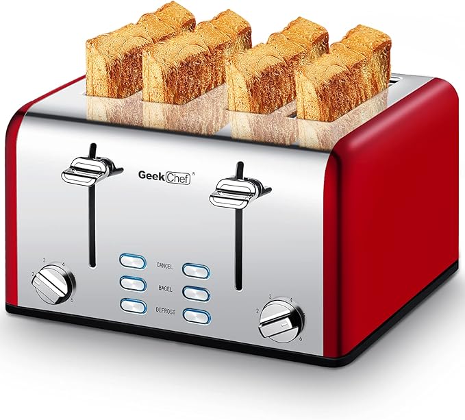 Geek Chef 4 Slice toaster Best Rated Prime Retro Bagel Toaster with 6 Bread Shade Settings 4 Extra Wide Slots Defrost/Bagel/Cancel Function Removable Crumb Tray Stainless Steel Toaster 1500W (Re