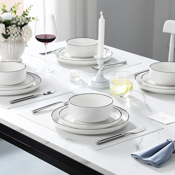 MALACASA Plates and Bowls Sets bundle with 2.5 OZ Porcelain Espresso Cups with Saucers and Metal Stand Set of 4 12 Pieces Modern Porcelain Dinnerware Set for 4