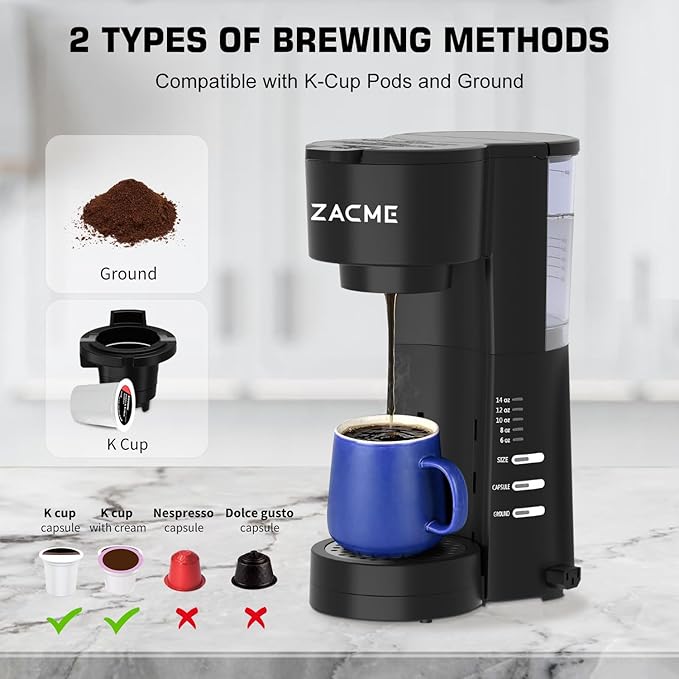 ZACME 4IN1 Single Serve Coffee Maker with Milk Frother &amp Grinder Small Coffee Machine for K Cup &amp Ground 28oz Water Tank 6 to 14 oz Brew Sizes Self-cleaning Function Adjustable Drip Tray