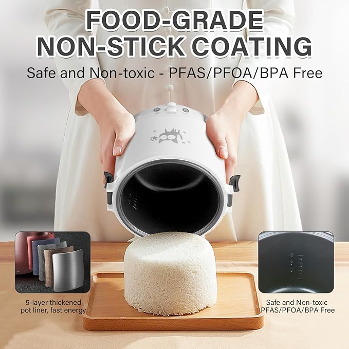 OSBA Mini Rice Cooker 1L Small Rice Cooker 2 Cup-uncooked Travel Rice Maker 12V for Car with Steamer Auto Keep Warm Suitable For 1-2 People White