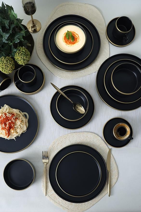 Dinnerware Set - Mat Siyah Gold Fileli Stackable - 20 Pieces - 4 Persons - Stoneware