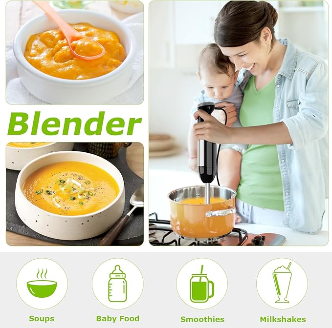 Bonsenkitchen Immersion Blender Handheld with Food Processor 20 Speeds Hand Blender with Turbo Mode Stainless Steel Blade Egg Whisk Beaker &amp Chopper Bowl Hand Mixer for Smoothie Soup Baby F