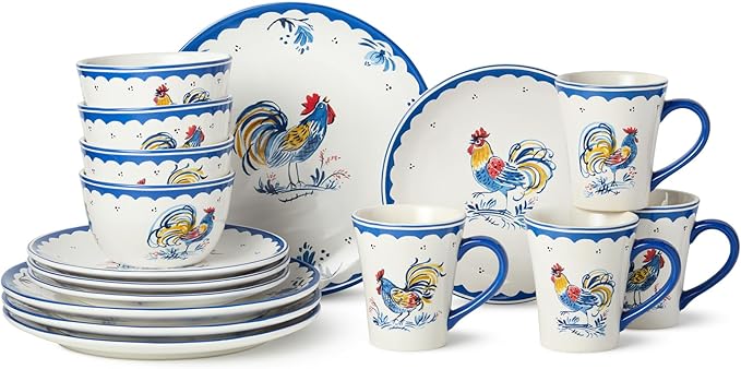 French Rooster Ceramic 16‑Piece DINNERWARE SETSERVICE for FOUR with dinner plates salad plates mugs and ice cream bowls featuring classic blue and multicolor rooster motifs