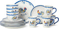 French Rooster Ceramic 16‑Piece DINNERWARE SETSERVICE for FOUR with dinner plates salad plates mugs and ice cream bowls featuring classic blue and multicolor rooster motifs
