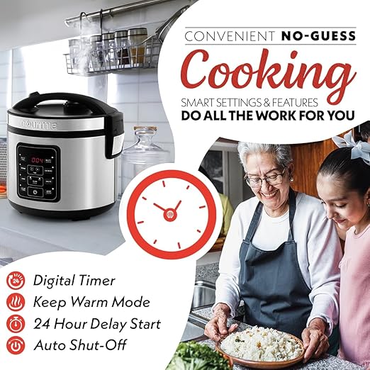 Gourmia Rice Cooker – 3 Qt Capacity 12 Cup Cooked 6 Cup Uncooked Digital Controls Grain Cooker &amp Steamer Built-In Steamer Basket Nonstick Ceramic Pot Delay Timer Keep Warm Stainless Steel