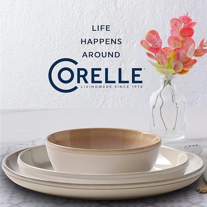Corelle Stoneware Dinnerware Set Handmade Reactive &amp Solid Glazed Ceramic Plates and Bowls Modern Rustic Style Round Dishes Service for 4 Oatmeal 12 PIECE SET
