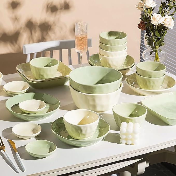 43/57 Pieces Bowls and Plates Set Cream Style Dinner Set Stackable Dishes Sets Dishwasher Safe Dinnerware Sets Easy to Heat Microwave and Oven Safe Two Colors Mix and Match Service for 8/10 Peoples(43