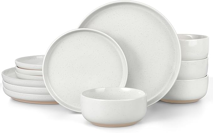 LIANYU Dinnerware Sets 12 Piece Plates and Bowls Set for 4 Ceramic Dishware Dishes Set Scratch Resistant Kitchen and Dining Stoneware Plates Microwave &amp Dishwasher Safe Snowy White