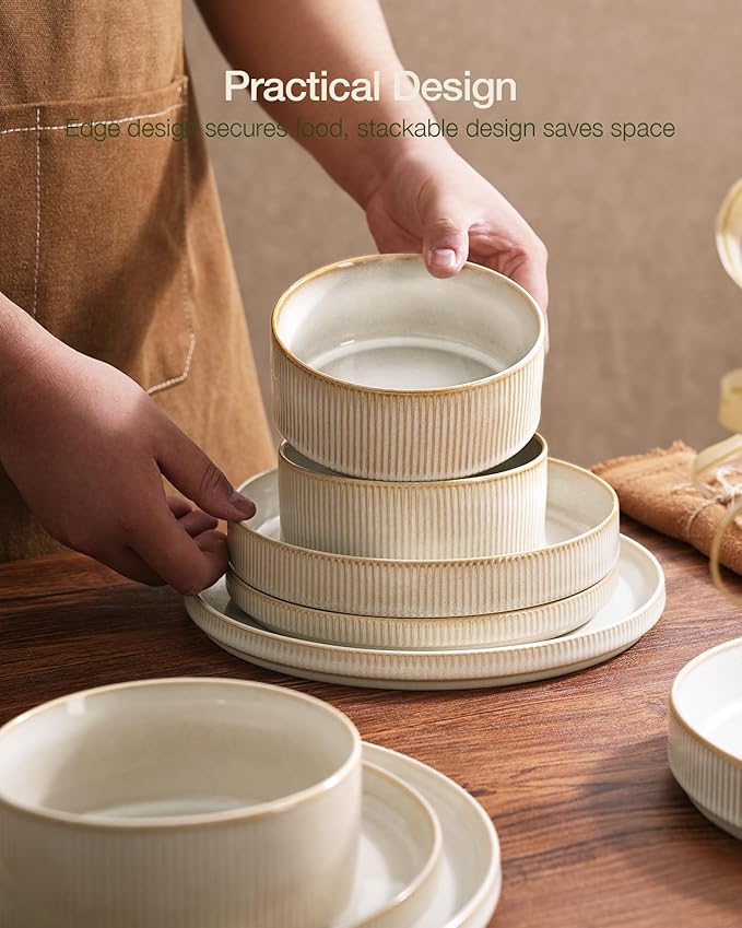 Famiware Star Plates and Bowls Sets Modern Stoneware Dinnerware Sets for 8 24-Piece Kitchen Dish Set - Microwave and Dishwasher Safe Chip and Scratch Resistant Cappuccino White