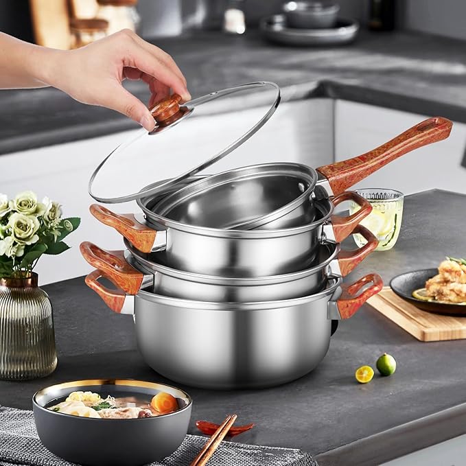 ABOOFAN 6pcs Nonstick Stainless Steel Cookware Set Grain Handles Versatile Pots and Pans for Induction Electric and Gas Stovetops Easy to Clean Cooking Pots Set