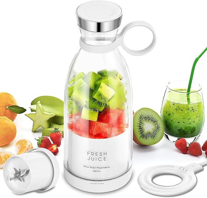 Personal Portable Blender 350ml USB Rechargeable Smoothie Maker with Stainless Steel Blade BPA-Free &amp Easy Clean Compact Travel Cup for Gym Office Home (White).