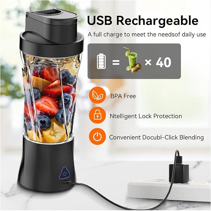 Portable Blender 6000mAh USB Rechargeable Smoothie Maker 24oz BPA Free Juicer Cup with 6 Blades for Shakes Travel Home &amp Office