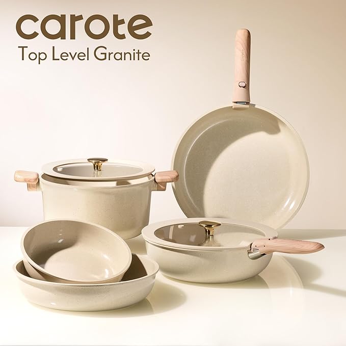 CAROTE 25PCS Ceramic Cookware Set Pots and Pans set Non Stick RV Kitchen Cooking Set Removable Handles Oven Safe Induction Cookware Non-toxic Kitchen Cooking Set PFAS and PFOA Free