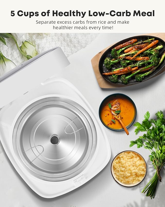 Novaspark Low Carb Rice Cooker Stainless Steel Inner Pot Mini Stainless Steel Rice Cooker Small 5 Cup LED Display Low Sugar Rice Maker 24H Timer and Auto Keep Warm White Rice/Porridge/Oatmeal Whi