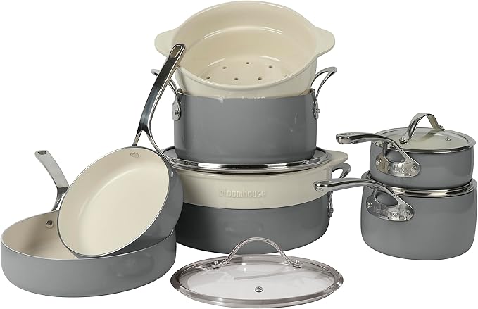 Bloomhouse 12 Piece Aluminum Pots and Pans Cookware Set w/Non-toxic Ceramic Non-stick Ceramic Steamer Insert &amp 12 Protective Care Bags - Stone Grey