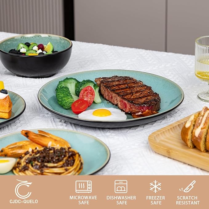 Plates and Bowls Sets for 4 - CJDC-QUELO 16-Piece Stoneware Dinnerware Sets Ceramic Dishware Set for Kitchen Use and Formal Dining Chip and Scratch Resistant Microwave Dishwasher Safe Green