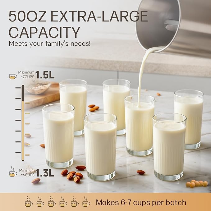 304 Stainless Steel Almond Milk Maker Machine (Built-in Filter) 50oz 6-7 Cups Per Batch 8-IN-1 Cooking Blender Make Plant Based Nut Milk Soy Oat Milk Soup &amp Juice Automatic Cleaning (Silvery)