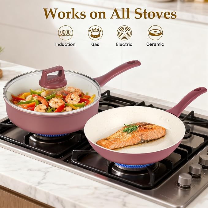 Pots and Pans Set Non Stick 11-Piece Nonstick Induction Cookware Set Non-Toxic Kitchen Cooking Set with Frying Pans Saucepan Stock Pot PFOA Free Red Brown