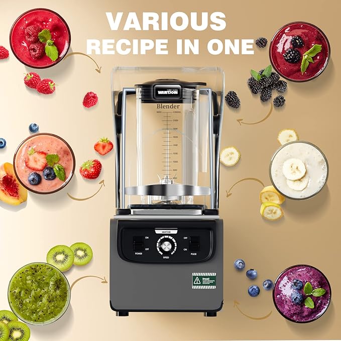 Wantjoin Commercial Quiet Blender for Kitchen Smoothie Protein Shake Licuadora Countertop Professional Electric Food Machine for Puree Milkshake Juice Drink and Ice with Silent Cover 2200ml 1800W