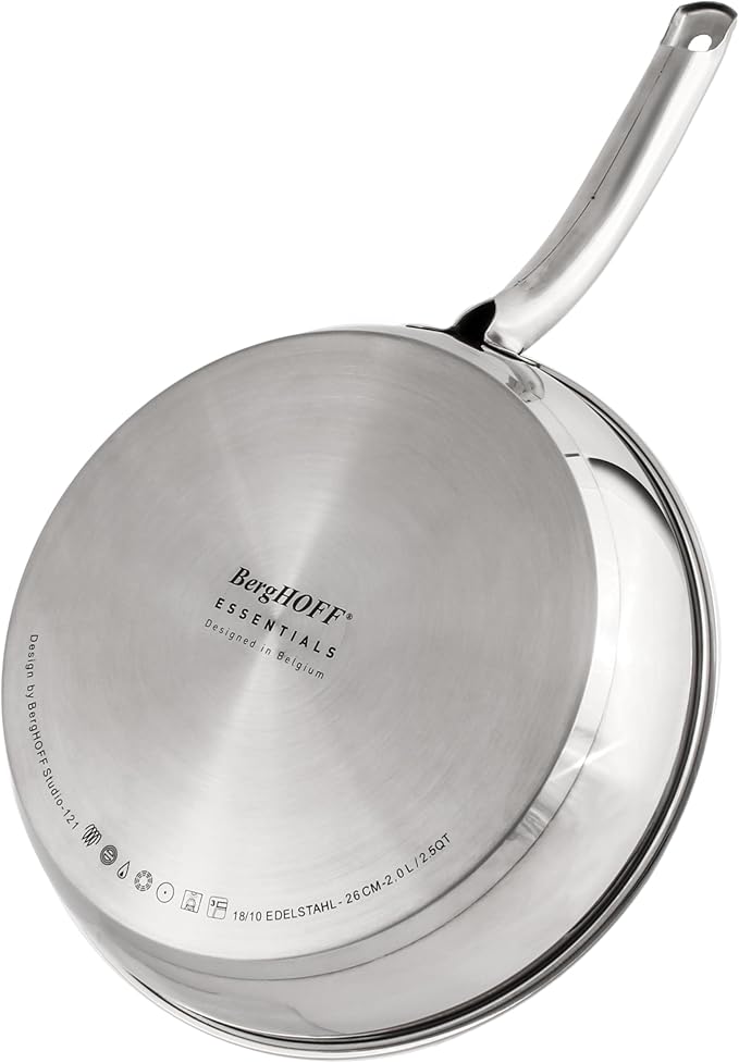 Berghoff Belly Shape18/10 Stainless Steel 3Pc Cookware Set Fry Pan 8 Inches Skillet 2.5qt. Glass Lid Fast Evenly Heat Induction Cooktop Ready Dishwasher Safe