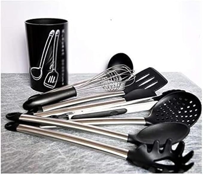 Kitchen Cooking Utensils Set 9-Piece Silicone Handle Cookware Set with Non-Stick Spatula Ladle Tongs Pasta Server Whisk &amp More Food-Grade Stainless Steel