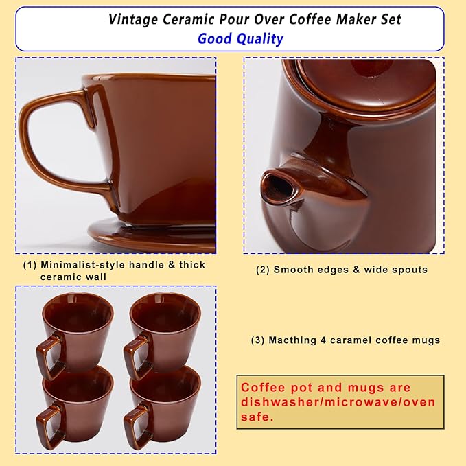 Wild Lily's Spring 22 Oz Vintage Ceramic Pour Over Coffee Maker Set with 4 Coffee Mugs Ceramic Coffee Pot &amp 3-Hole Dripper Set Perfect for 3-4 People at Home in Cafés and Restaurants (Caramel)