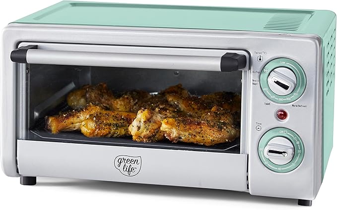 GreenLife Countertop Toaster Oven Air Fryer Stainless Steel Healthy Ceramic Nonstick PFAS Free Tray &amp Basket Bake Broil Reheat Adjustable Temp &amp Time Control Auto Shutoff Turquoise