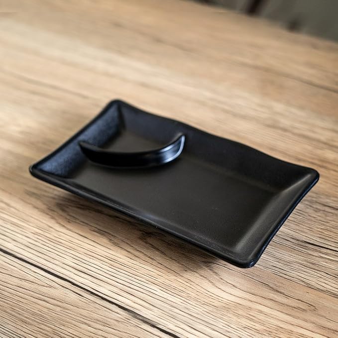 Ebros Gift Contemporary Ridged Matte Black Melamine Series Dinnerware Serveware Kitchenware Set Japanese Chinese Restaurant Supply (Pack Of 6 Rectangular Sushi Appetizer Entree Partitioned Plates)