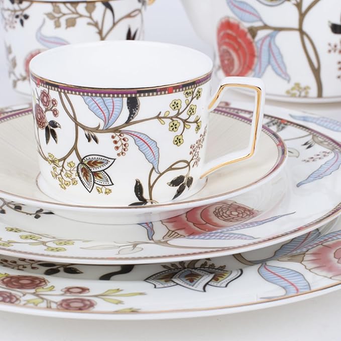 28 Piece Dinnerware Sets Bone China Dinner Plate Coffee cup set Scratch Resistant Microwave Oven Dishwasher Safered flowers