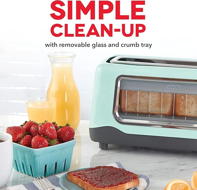 Dash Clear View Toaster - Features Large Window &amp Extra-Wide Slots - Auto-Shut Off Feature - Bagel Functions &amp Seven-Browning Levels - 1-Touch Defrost - Aqua