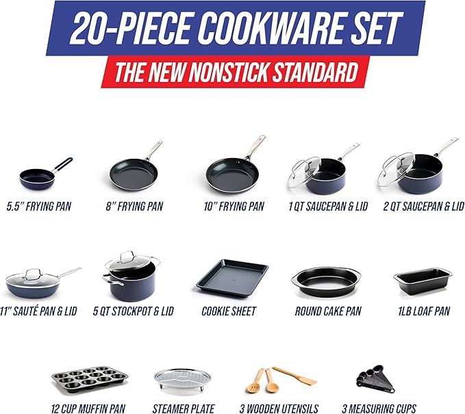 Blue Diamond 20 Piece Nonstick Cookware Set Diamond Ceramic Pots &amp Pans Dishwasher &amp Metal Utensil Safe Non Toxic PFAS-Free Kitchen Cooking Sauce &amp Saute Pans Oven &amp Broiler to 60
