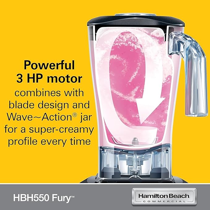 Hamilton Beach Commercial HBH550 The Fury Blender 3 hp 2 Speeds Pulse 64 oz./1.8 L Cutter Assembly Polycarbonate Container 18.04 Height 8.89 Width 8.07 Length Black
