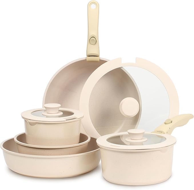 ESLITE LIFE Nonstick Cookware Sets with Detachable HandleCeramic Coating Pots and Pans Set Kitchen Cooking Set Compatible with All Stovetops PTFE &amp PFOA Free White 10 Pcs Set