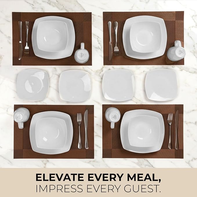 Zulay Kitchen Luna Plates and Bowls Sets 16 Piece Modern Porcelain Dish Set for 4 Chip and Scratch Resistant Square Dinnerware Set Microwave and Dishwasher Safe Pearl White