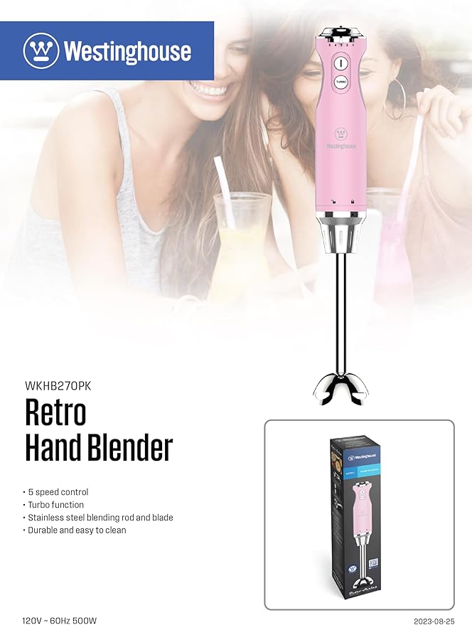Westinghouse Hand Blender - 5-Speed Immersion Blender with Turbo Function Stainless Steel Blades &amp Rod 500W Power Detachable Easy Clean Design Best for Smoothies &amp Soups - Retro Appliance