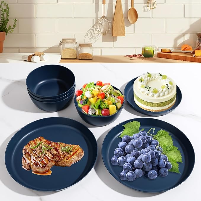 EI 12pcs Dark Blue Wheat Straw Dinnerware SetWheat Straw PlatesPlastic Plates ReusablePlate and Bowls SetsUnbreakable Plastic Plate for Dinner CampingPicnic
